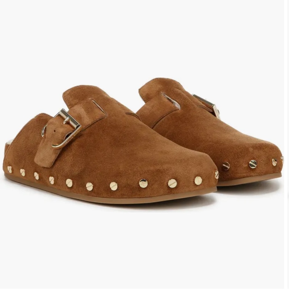 Veronica Beard Tan Suede Mules with Gold Studs